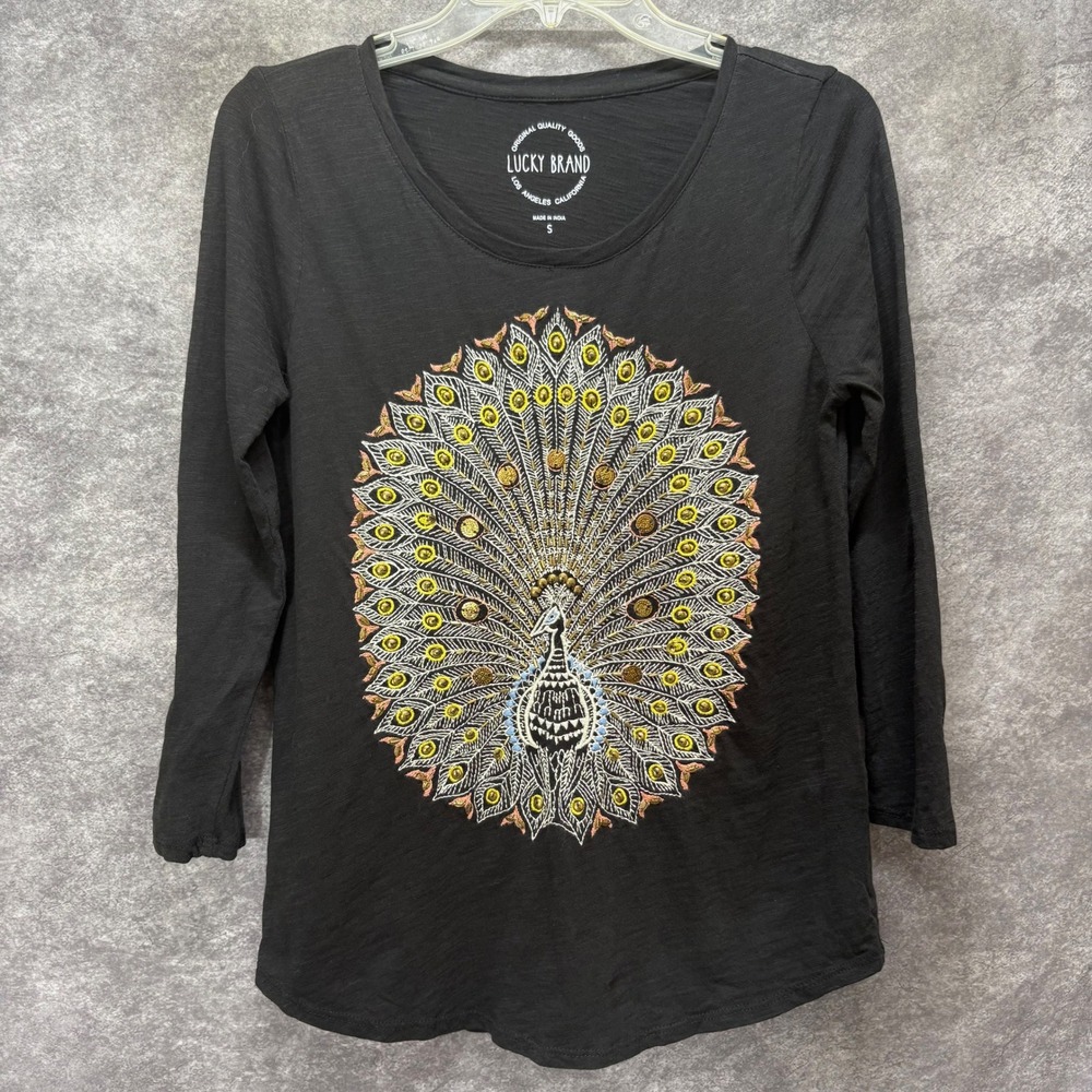 Lucky Brand Black Peacock Embroidered Beaded Top Size S Boho Cotton 3/4 Sleeve